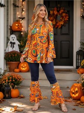 Women’s Orange Abstract Print Bell-Sleeve Tunic & Flared Hem Pants Set of 3